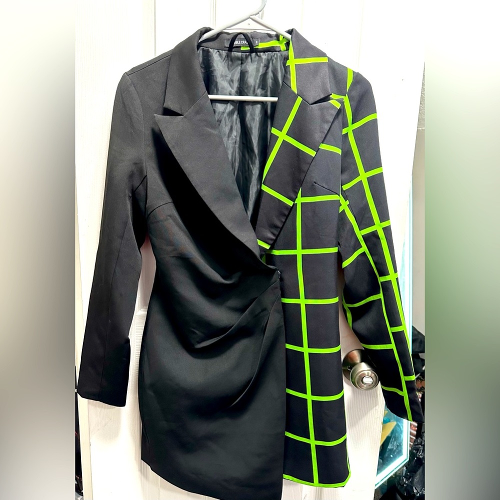 Womens Double Crazy Blazer Jacket Square Pattern Waist Fitted Black/Green Sz S